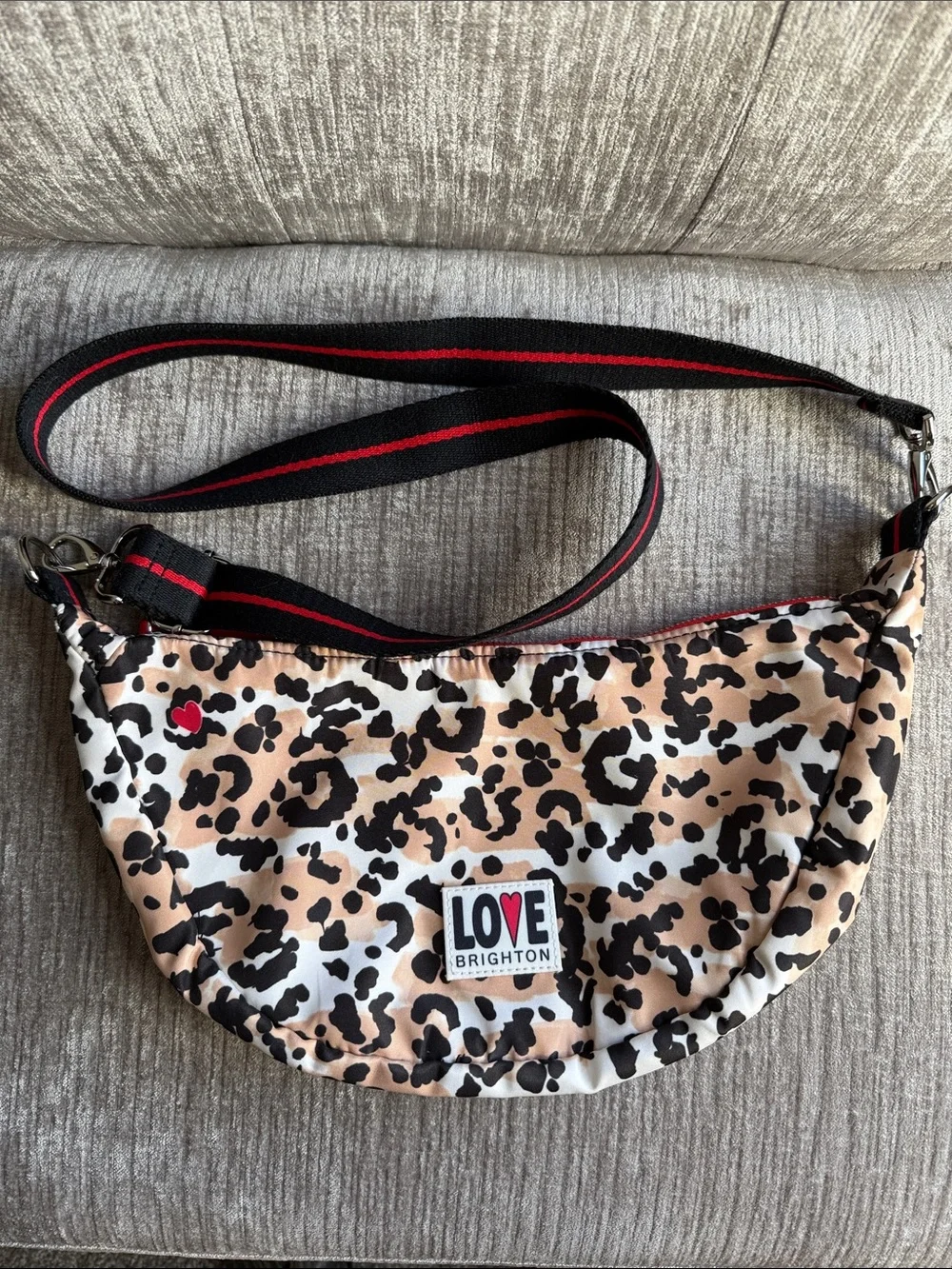 Brighton LOVE Leopard Print Crossbody Bag with Black and Red Strap